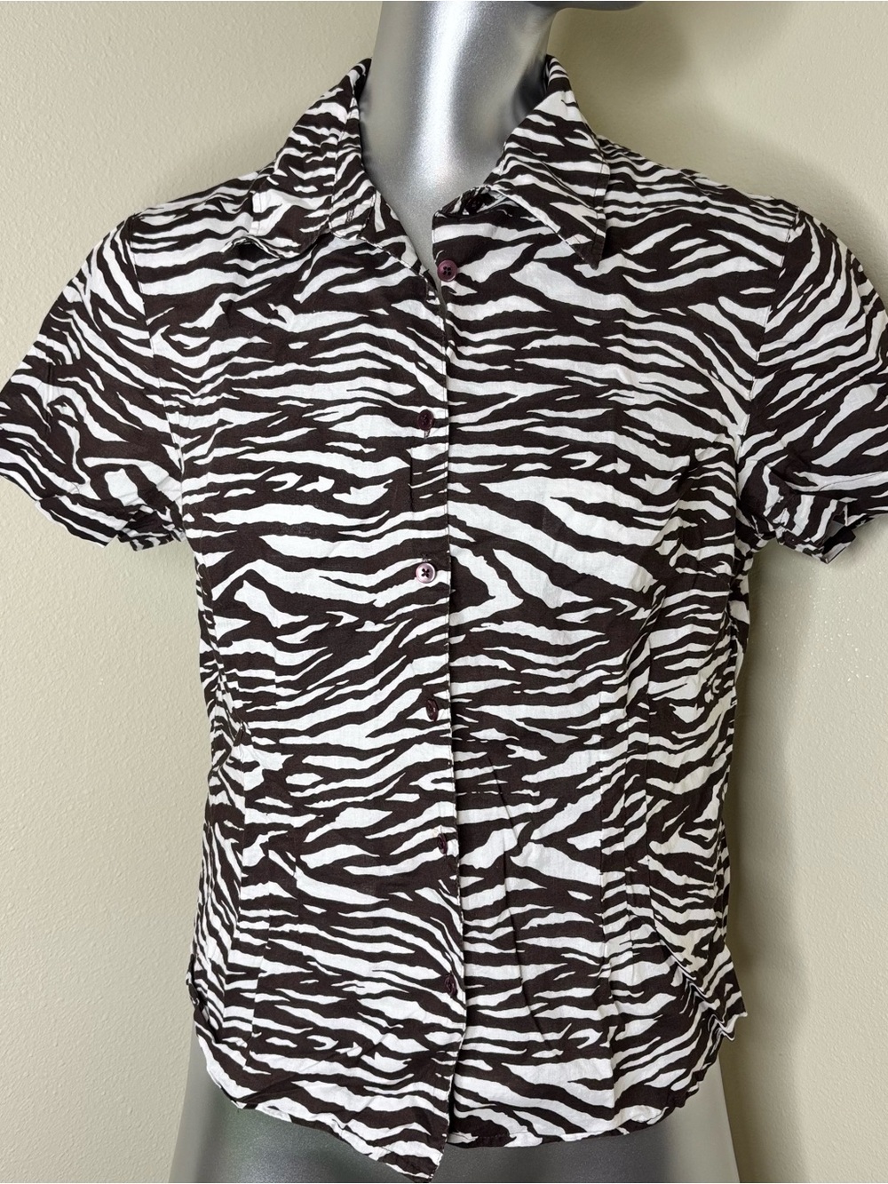 Jones New York Brown and White Zebra Print Button Up Blouse